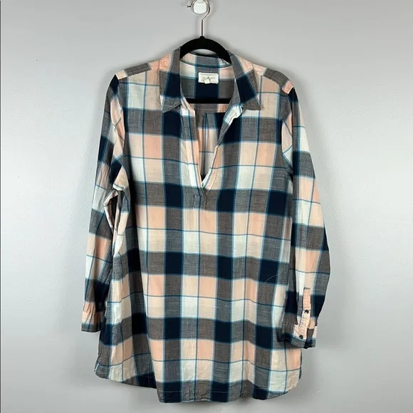 Lou & Grey Lagenlook Plaid Cotton Long Sleeve Pockets Tunic Top Large Blue Peach - Picture 2 of 14